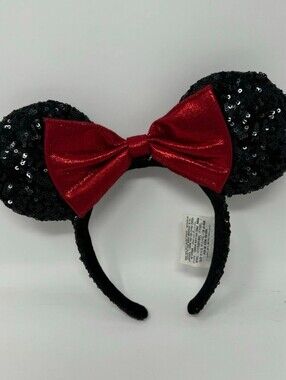 Disney Parks Black Sequin Red Shimmer Bow Minnie Mouse Ears Headband